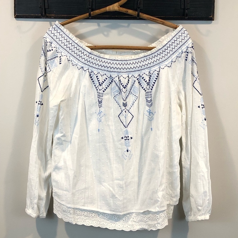 Skies Are Blue Boho Southwestern Embroidered Swiss Dot Off Shoulder Eyelet Top
